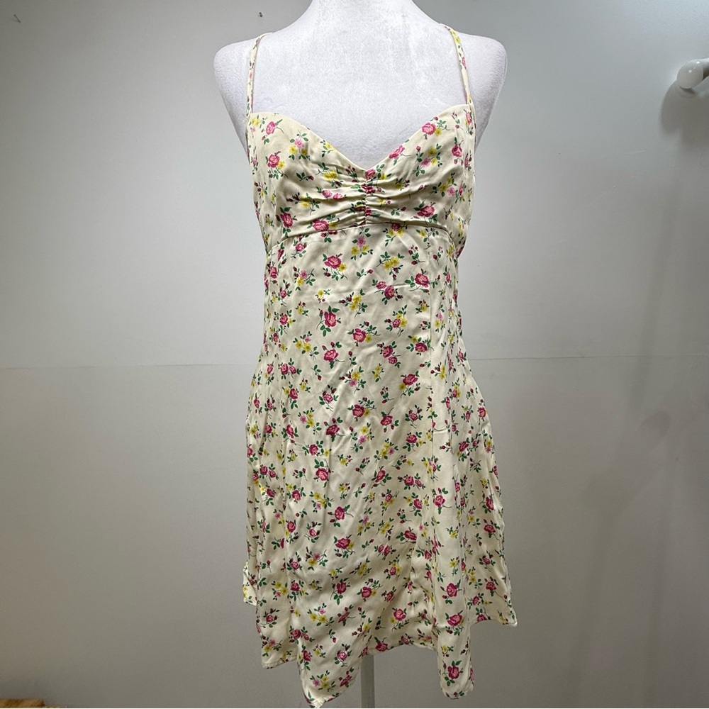 ZARA Floral Slip Dress Cream Pink Yellow Roses | Ruched Bust Midi Dress | M - Picture 8 of 10